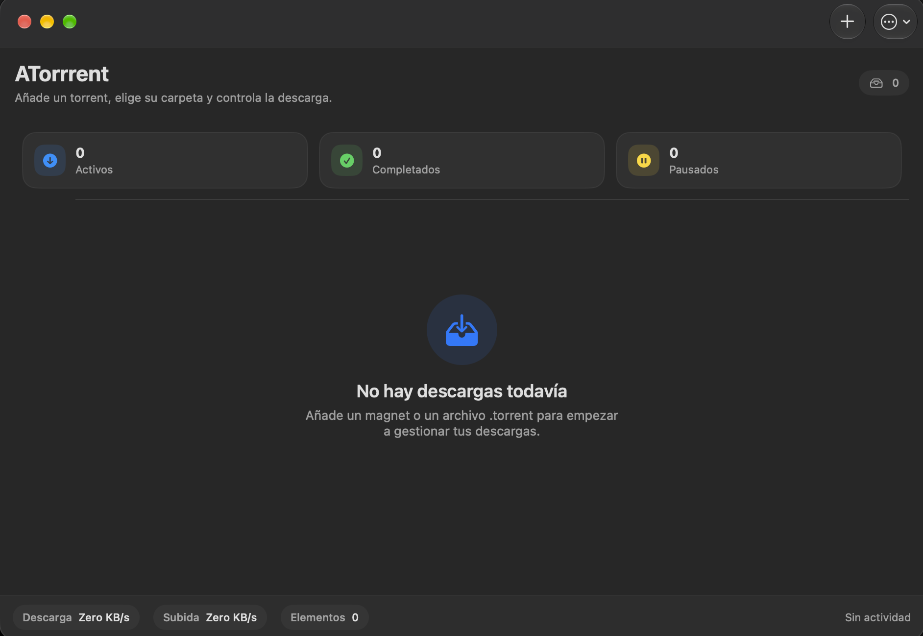 ATorrent en macOS: vista principal de descargas.