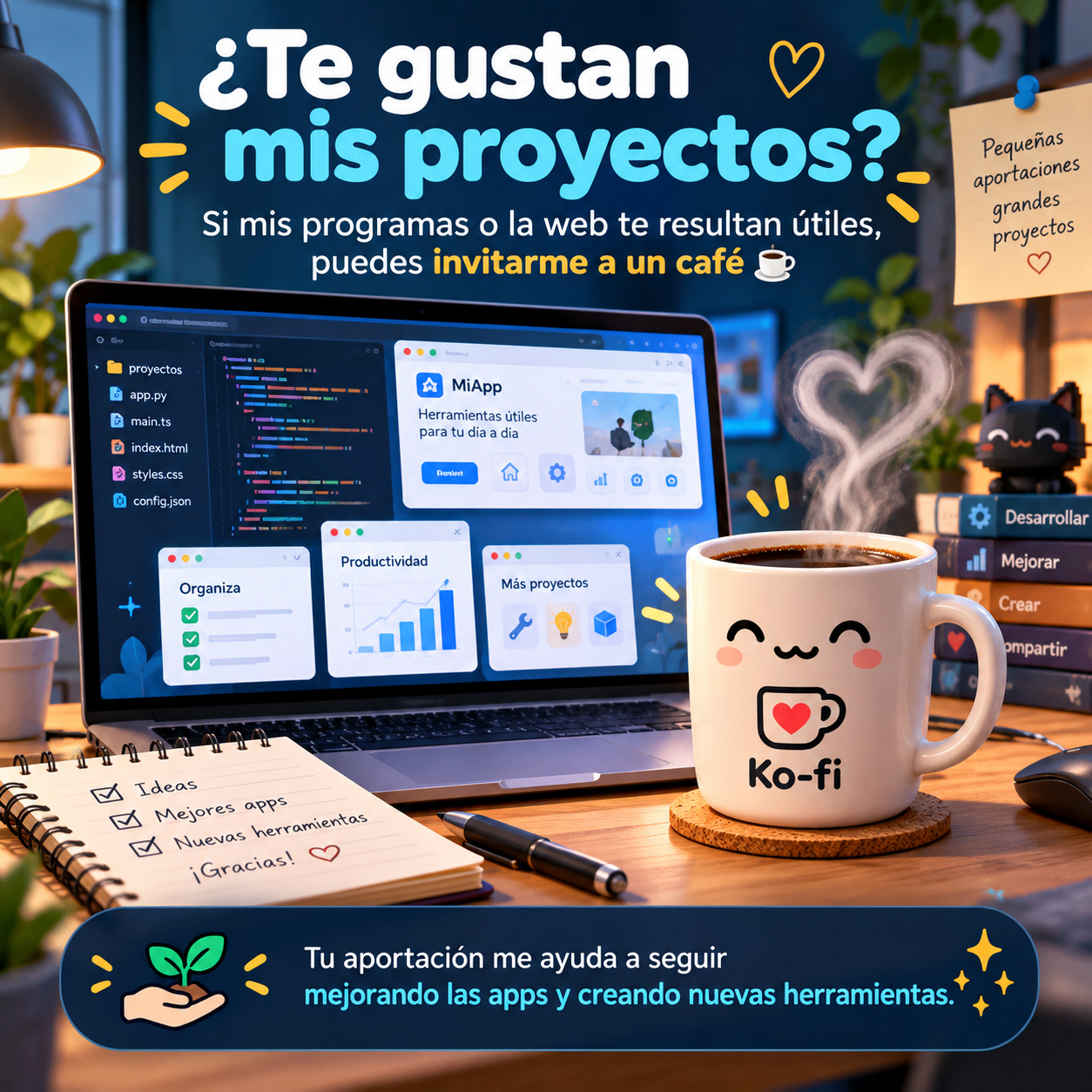 Ilustración de un espacio de desarrollo con un portátil y una taza de Ko-fi. El mensaje en español invita a apoyar voluntariamente la creación de nuevas herramientas.